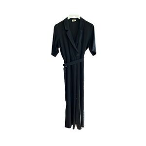 Elegant Black Cropped Jumpsuit Collar Short Sleeve Elastic Waist Belted EU38